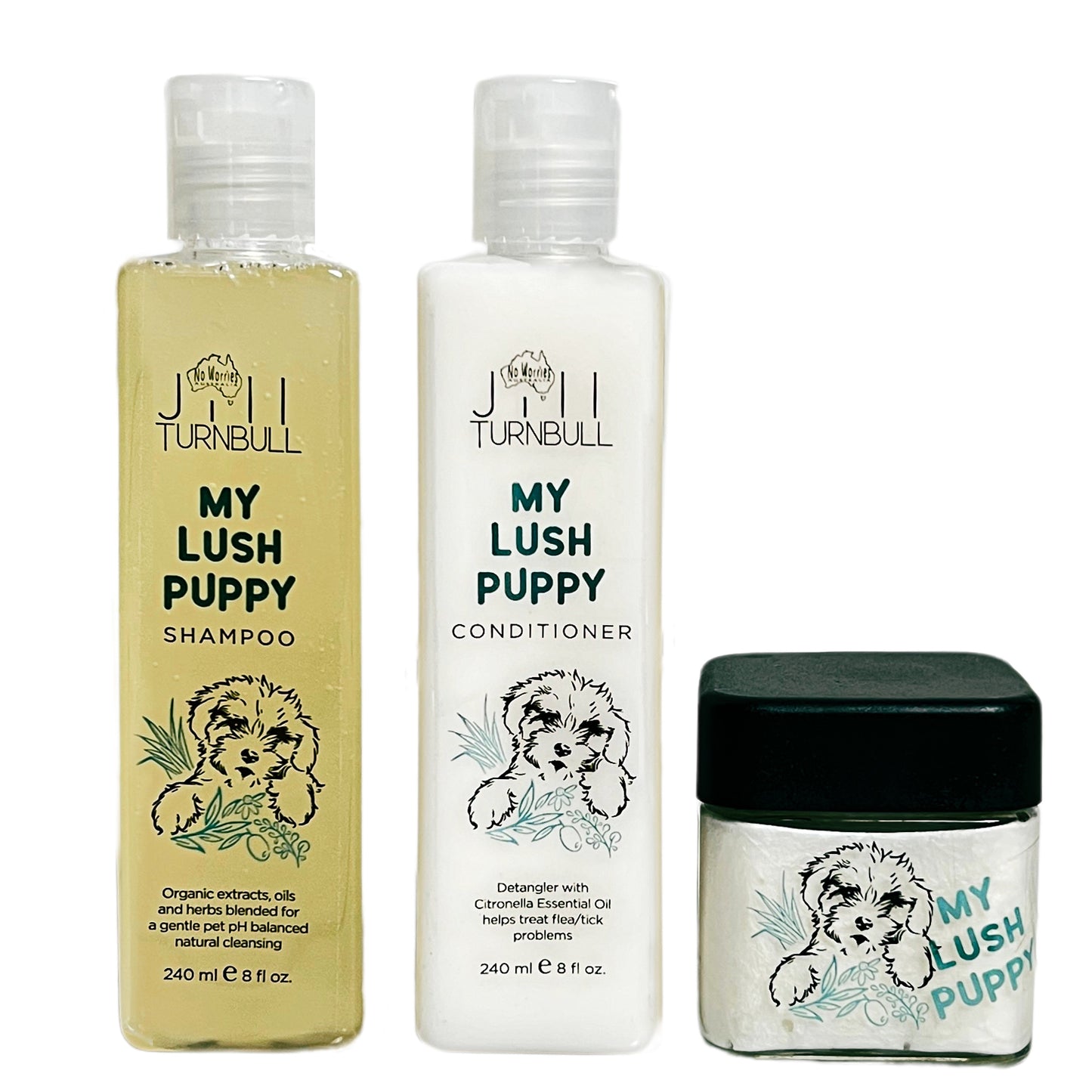 my lush puppy botanical pet grooming kit has all the essentials you need for the perfect at home grooming routine, shampoo, conditioner and detangler.